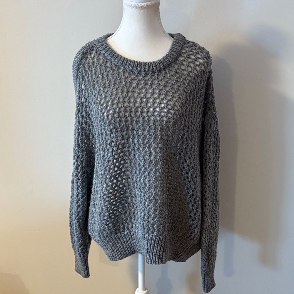 Iro Paris Oversized Netted Cold Shoulder Gray Wool Blend Knit Sweater. Size Med